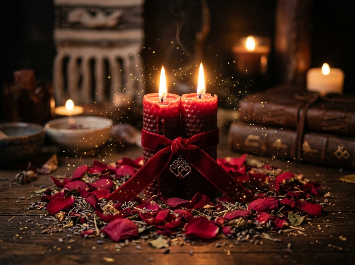 Ritual ceremonial de amarres de amor con velas rojas y cintas consagadas