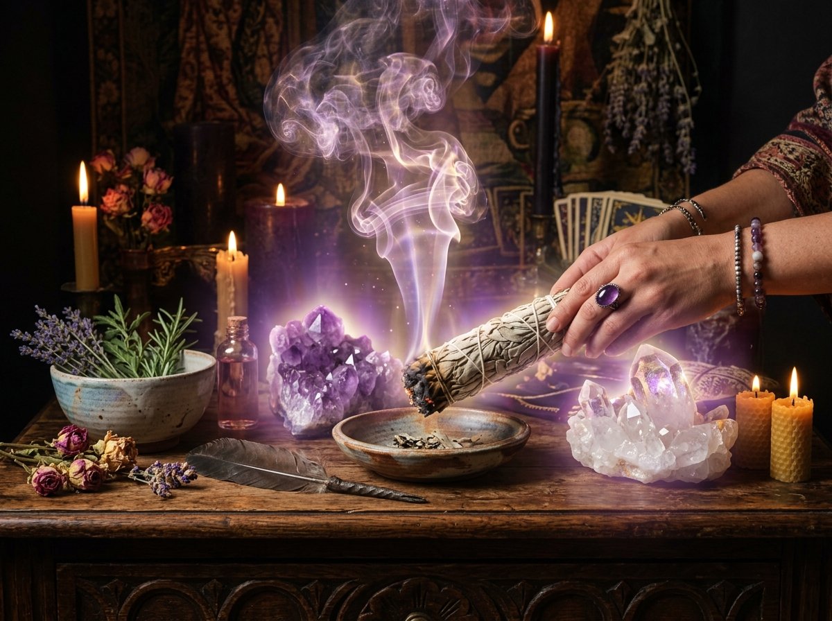 Limpieza espiritual con atado de salvia blanca y cristales de cuarzo