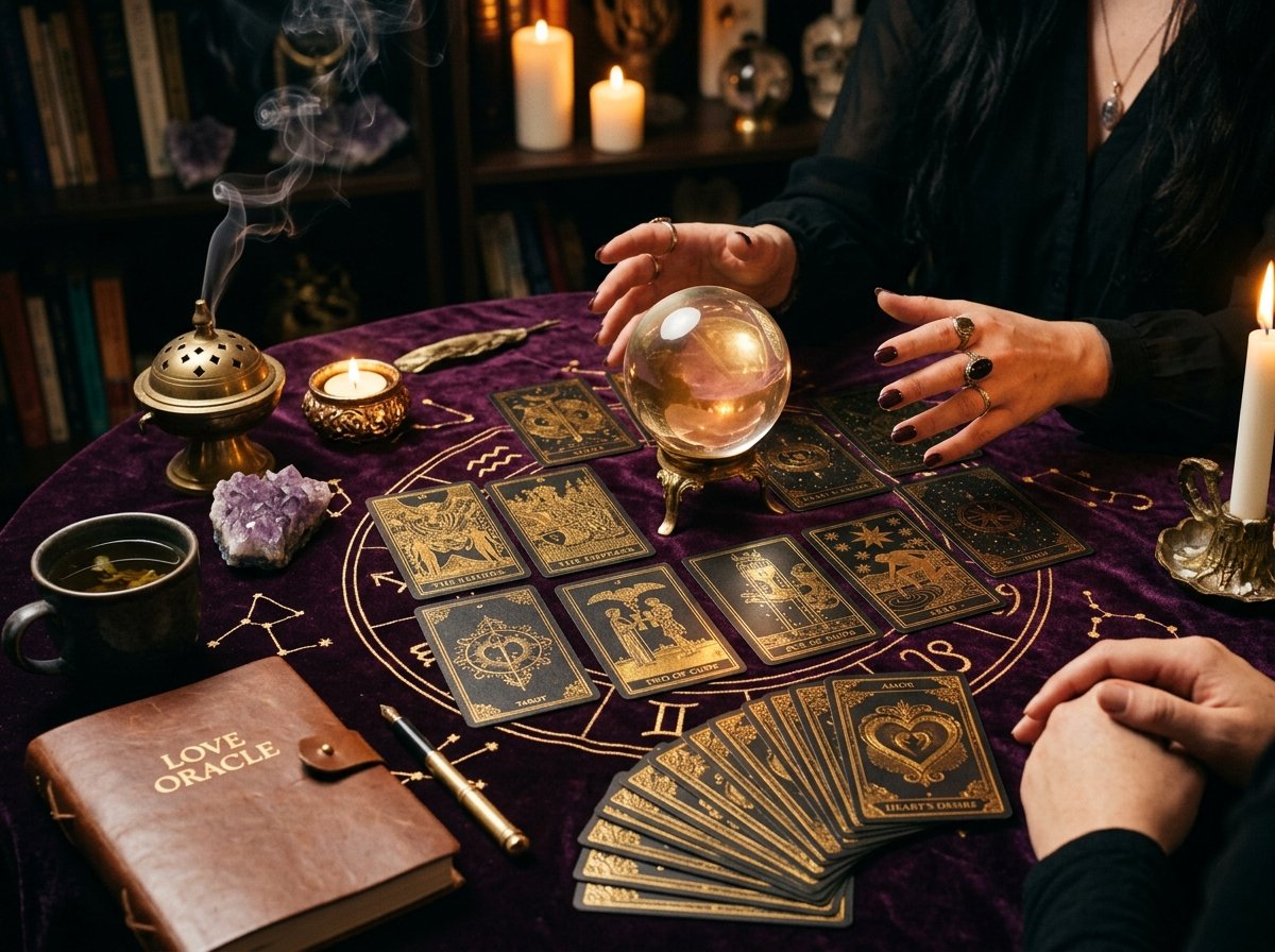 Lectura de tarot y oráculo de pareja sobre terciopelo místico